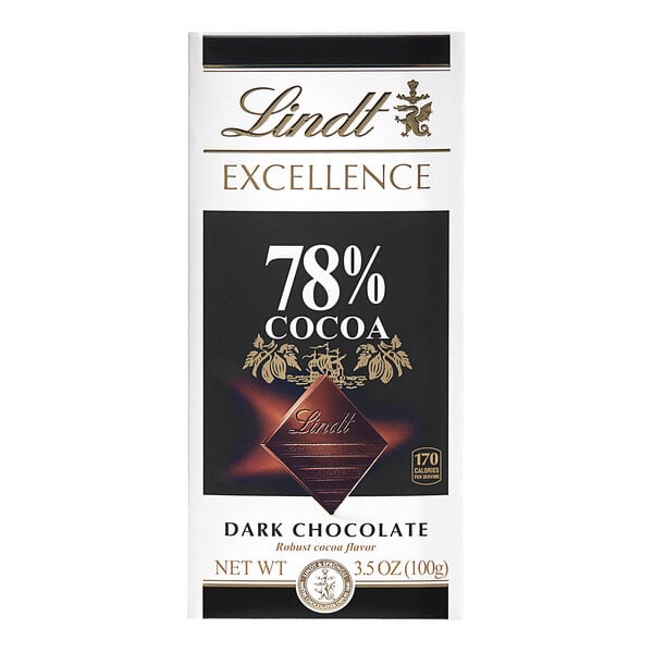 A white and black Lindt Excellence 78% Cocoa Dark Chocolate bar box with a white surface logo.