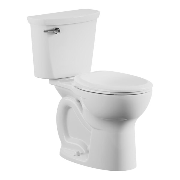 A white American Standard Cadet PRO chair height toilet with the seat down and a silver handle.