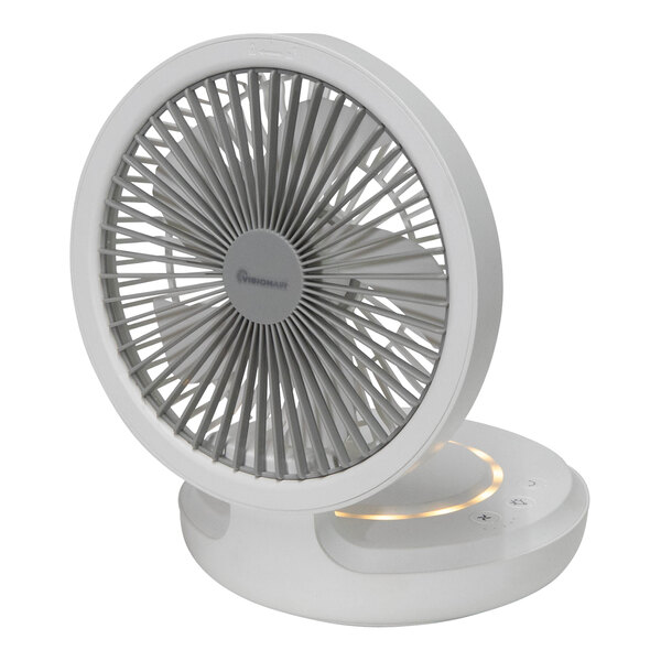 A white VisionAir rechargeable battery-operated table fan with a round base.