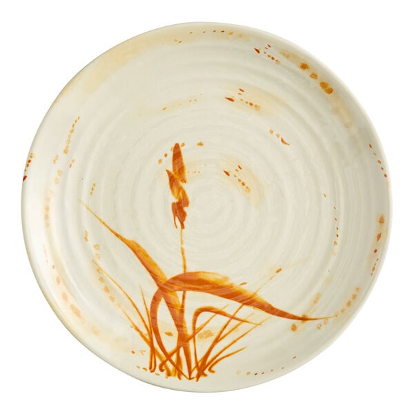 An Acopa Brassia melamine plate with a gold design on it.