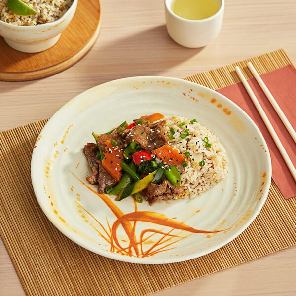 A white Acopa Brassia melamine plate with food on it.