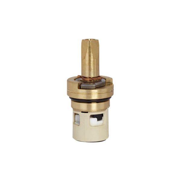 An American Standard brass valve cartridge for a faucet with white accents.