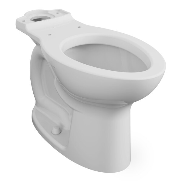 An American Standard white chair height toilet bowl with the seat open.