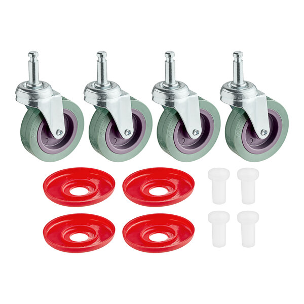 A group of Lavex metal casters with red plastic wheels and rings.