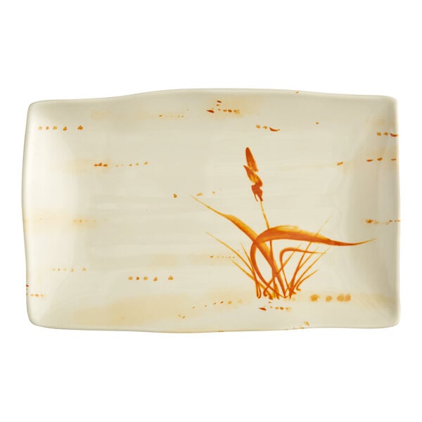 A rectangular beige plate with gold designs.