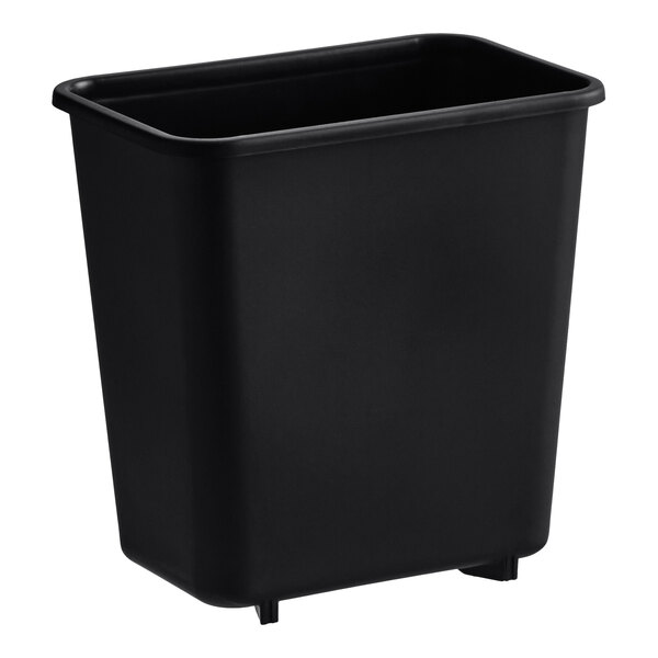 A black plastic rectangular Lavex wastebasket.