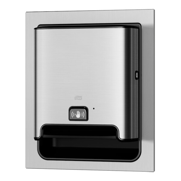 A stainless steel Tork Image Matic in-wall recessed automatic paper towel dispenser.