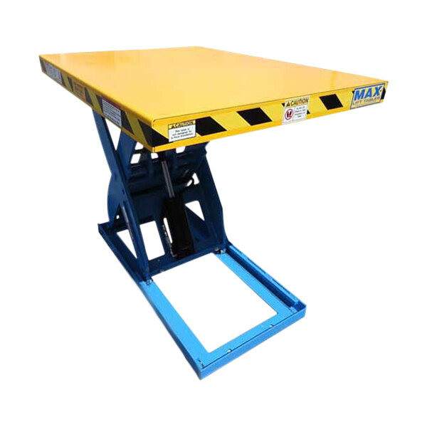 A yellow and blue scissor lift table with a blue top.