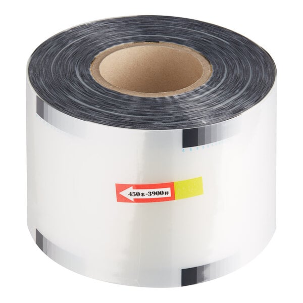 A roll of clear sealing film with a yellow label on a white background.