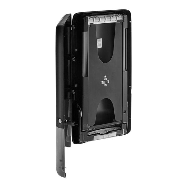 A black Tork PeakServe continuous paper towel dispenser.