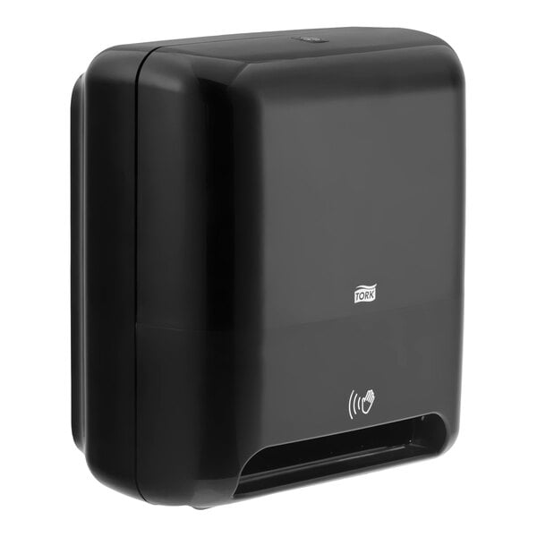 A black wall-mounted automatic hand towel roll dispenser.