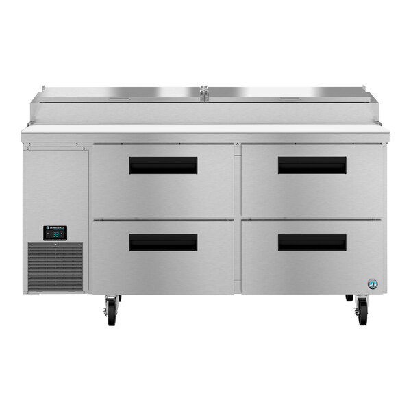 A large stainless steel Hoshizaki refrigerator with four drawers.