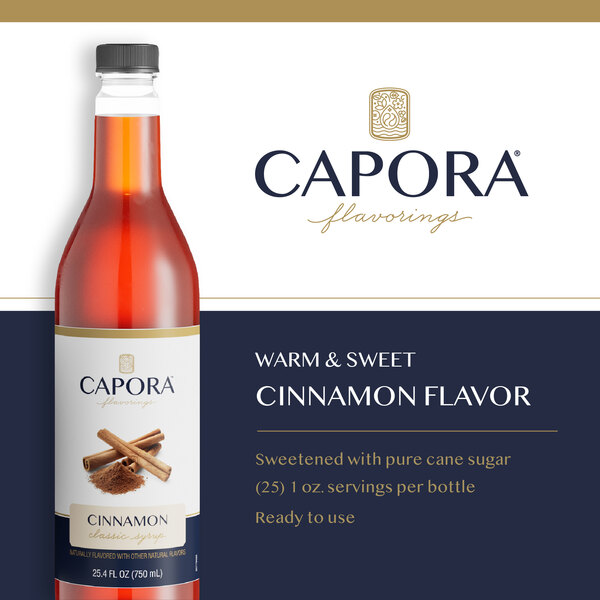 Capora cinnamon flavoring syrup bottle with cinnamon and product features displayed.