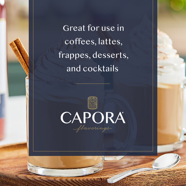 Cinnamon latte topped with whipped cream and cinnamon with suggested syrup uses.