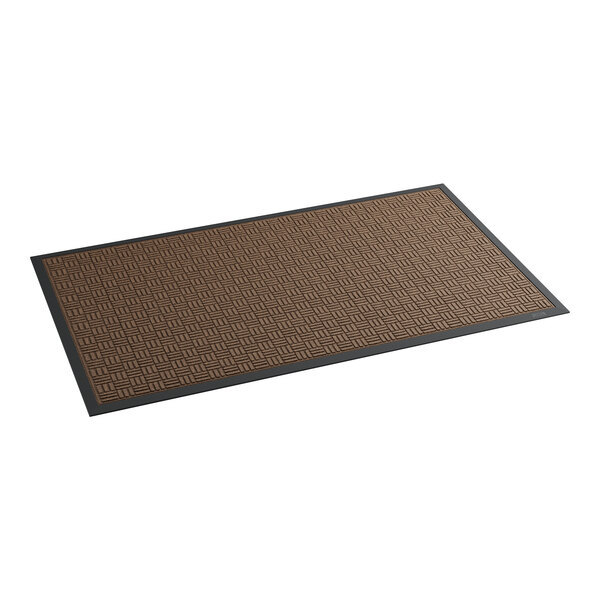 A brown rectangular rug with black trim.