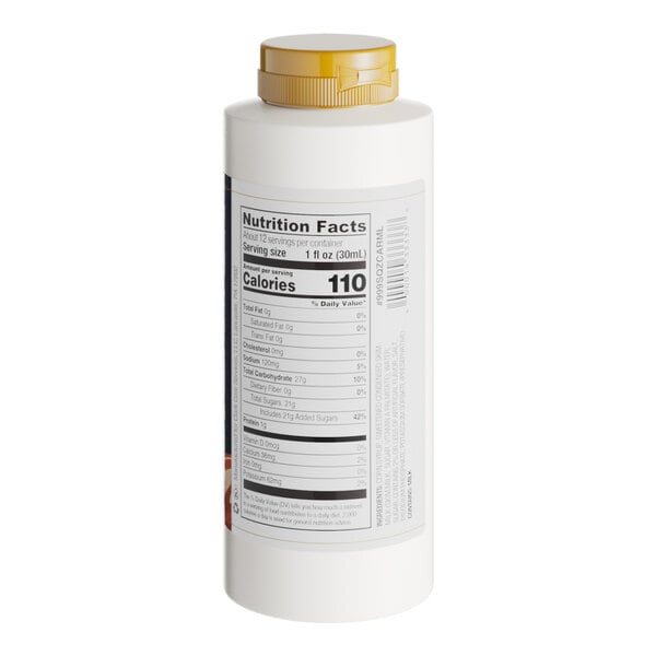 A white bottle of Capora Caramel Flavoring Sauce with a yellow label.