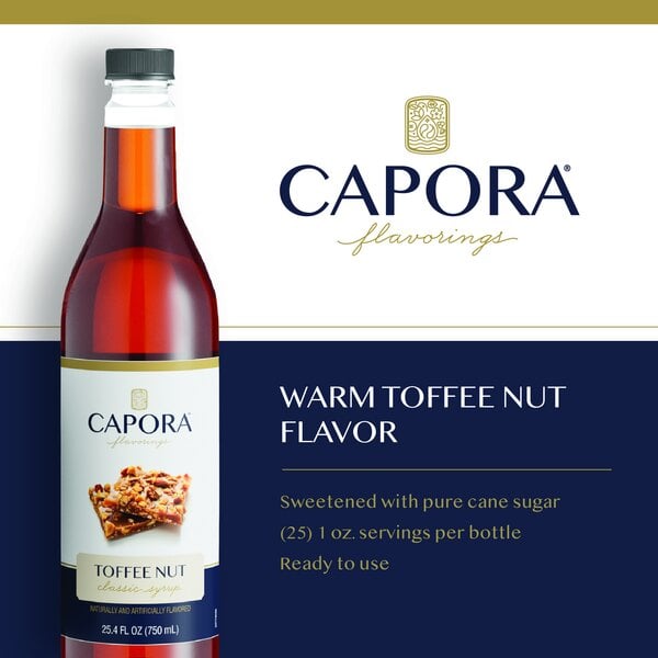 Graphic showing Capora toffee nut syrup bottle, toffee, nuts, and product features.