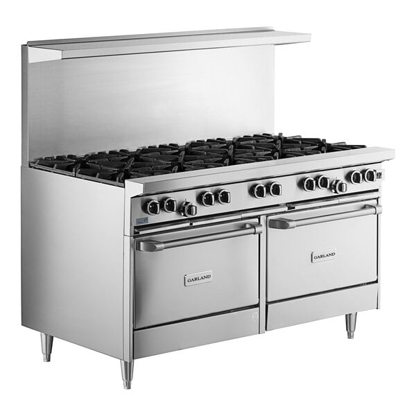 A large stainless steel commercial range with ten gas burners and two convection ovens.