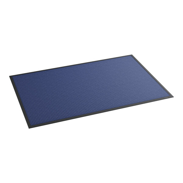 A blue rectangular rug with a black border.