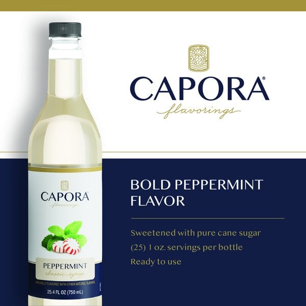 Graphic showing Capora peppermint syrup bottle, peppermint candy, and product features.