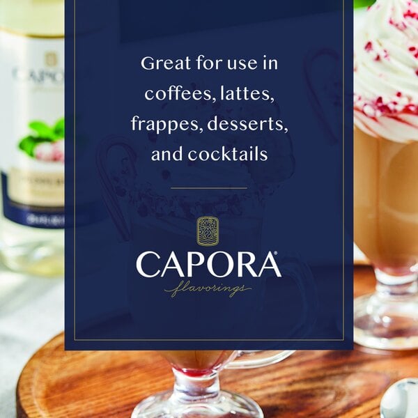 Graphic showing peppermint drinks with whipped cream and suggested syrup uses.