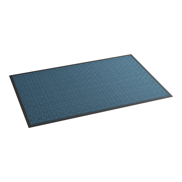 A close-up of a blue rectangular Lavex entrance mat with black trim.