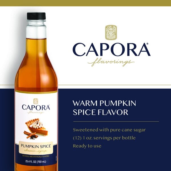 Graphic showing Capora pumpkin spice syrup bottle, spices, and product features.