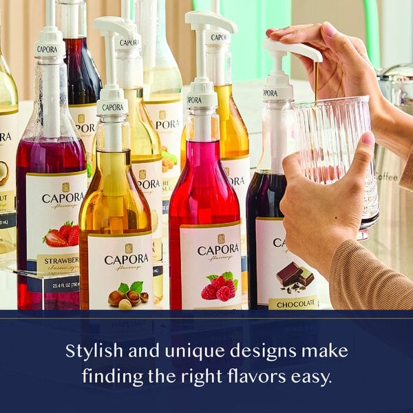Graphic showing assorted Capora syrup bottles with pumps arranged on a counter.