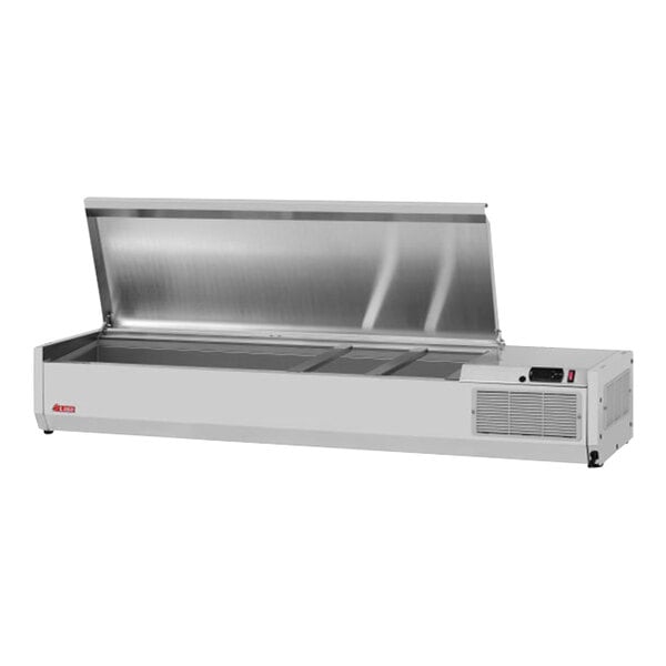 A stainless steel Turbo Air refrigerated countertop salad prep table on a counter.