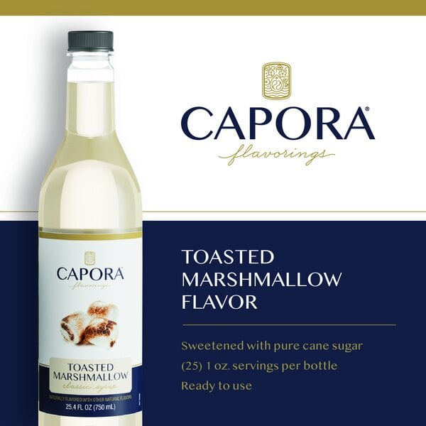Graphic showing Capora toasted marshmallow syrup bottle, marshmallows, and product features.