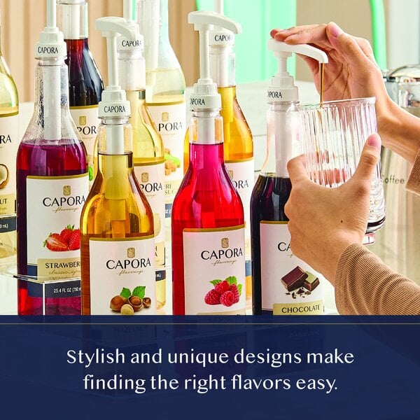 Graphic showing assorted Capora syrup bottles with pumps arranged on a counter.