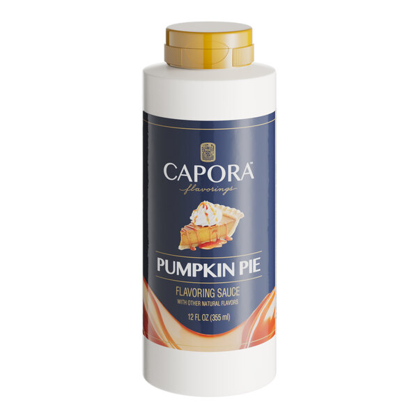 A white bottle of Capora Pumpkin Pie Flavoring Sauce with a blue label.