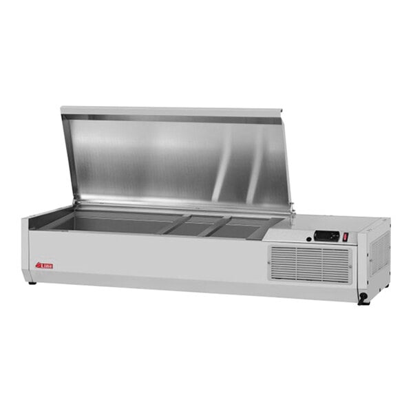 A stainless steel Turbo Air refrigerated countertop salad prep table with a lid open.