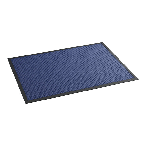 A blue rectangular entrance mat with black trim.