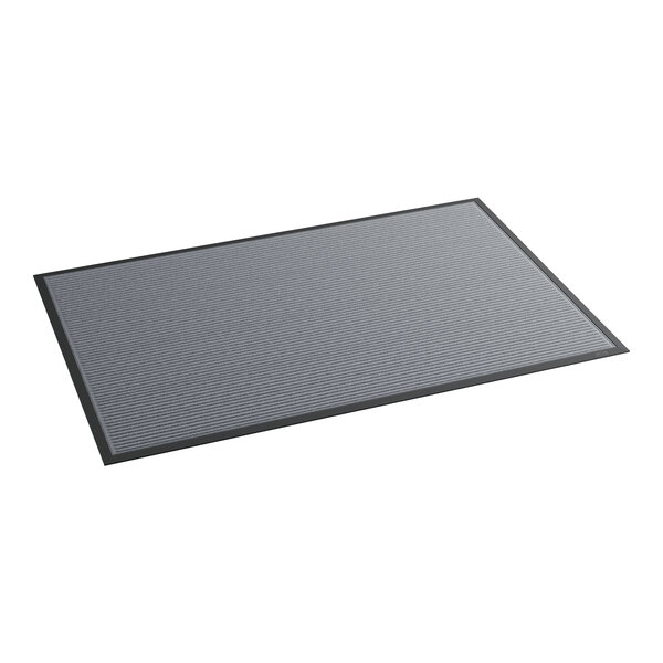 A grey rectangular mat with black stripes.