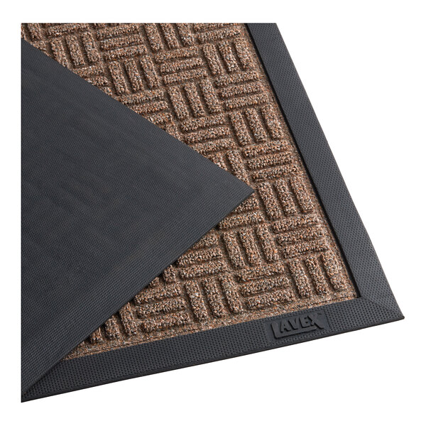 A brown Lavex Water Absorbent parquet indoor entrance mat with a black border.