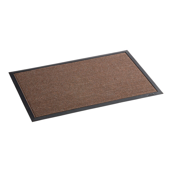 A brown rectangular doormat with black trim.
