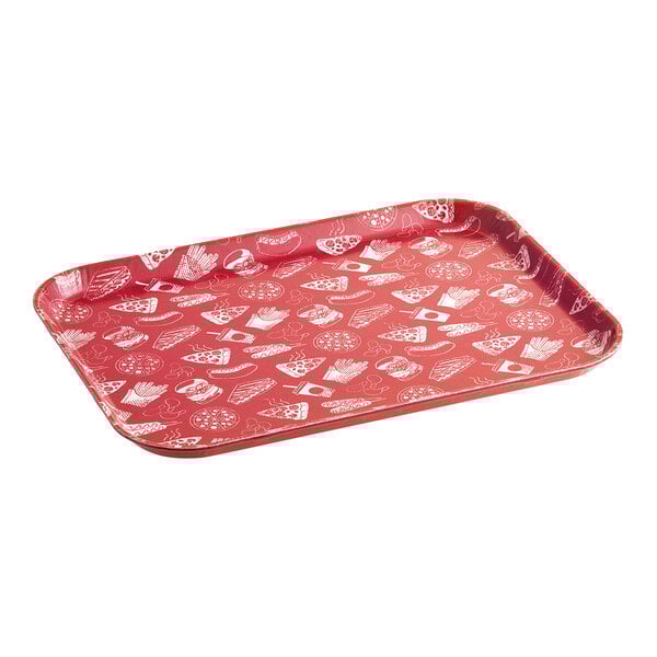 A red Cambro rectangular fast food tray with white and red designs on it.