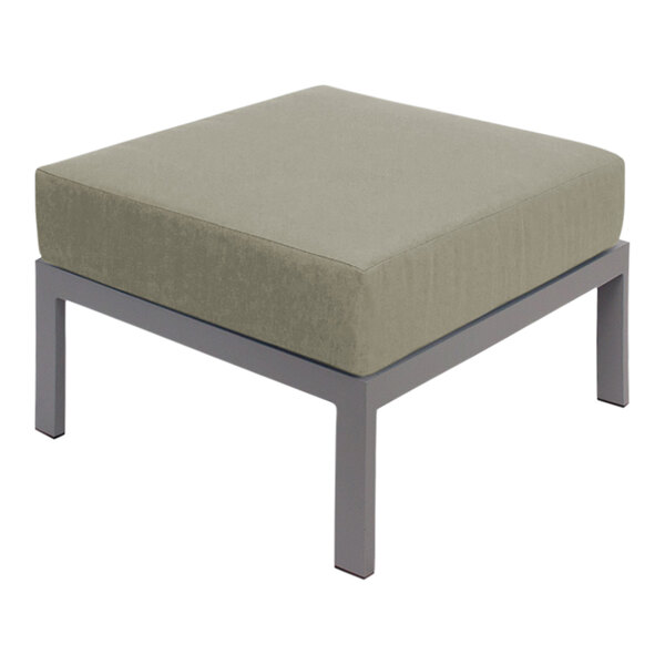 A BFM Seating grey square ottoman with metal legs and a green cushion.