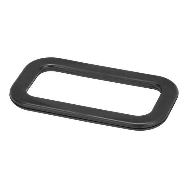 A black rectangular plastic gasket with a hole in it.