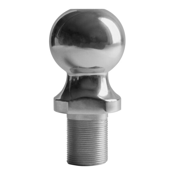 A close-up of a Trailer Valet stainless steel hitch ball with a metal nut.