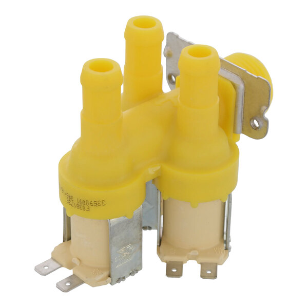 A yellow plastic Alliance Laundry 3-way water valve with metal parts and two yellow plugs.