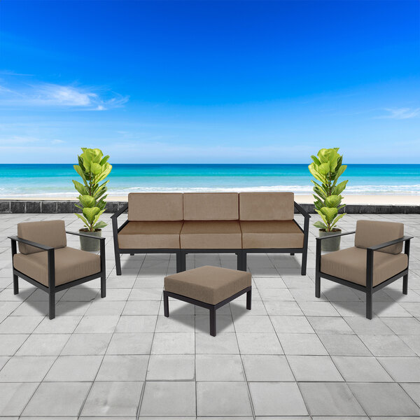 A BFM Seating Belmar outdoor right arm sofa section with Sunbrella Flint Brown cushion on a patio with a plant.