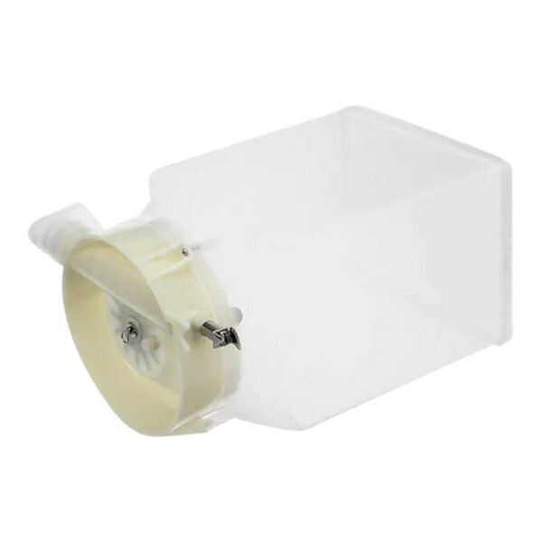 A clear plastic container with a white lid and wheel inside.