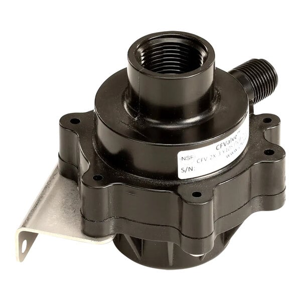 A black Bunn water valve with metal fittings.