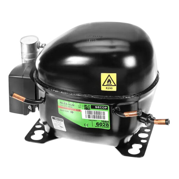 A black True Refrigeration air compressor with a green label.