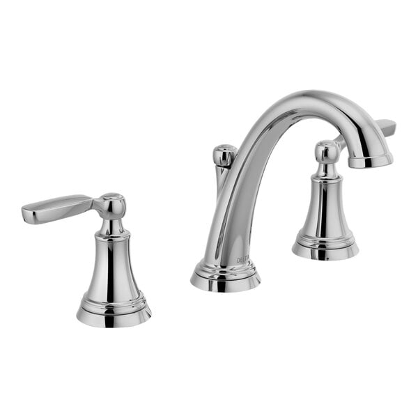 Two Delta Woodhurst chrome widespread deck-mount faucets with lever handles.