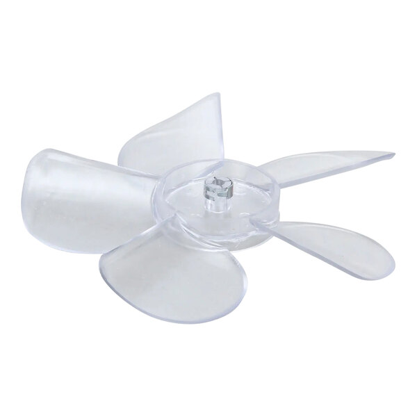 A white plastic fan blade with a screw.