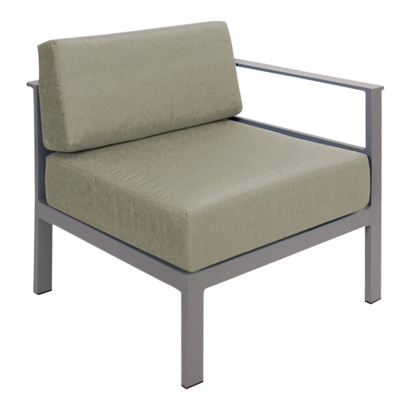 A BFM Seating Belmar gray left arm sofa section with a Sunbrella Sea Salt green cushion.