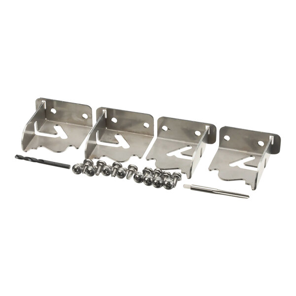 A group of metal Traulsen lid hinge brackets with screws.